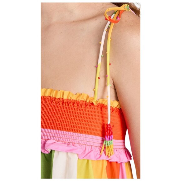 Farm Rio Rainbow Stripe Smocked Tie Strap Tiered Midi Dress Size S Designer - Picture 8 of 16